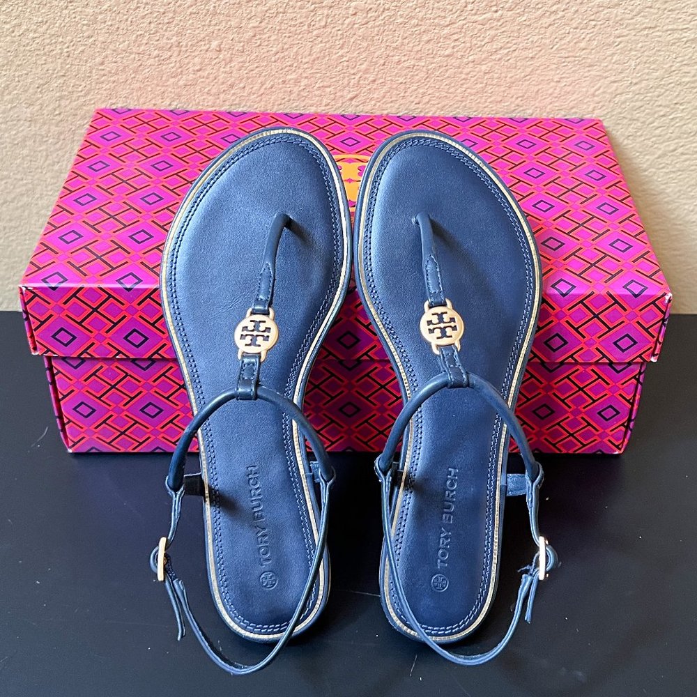 Tory Burch Emmy Flat Sandal Calf Leather Perfect Navy Size 5.5